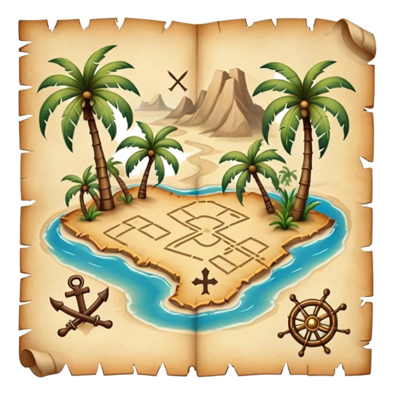 A detailed pirate treasure map with dotted paths, palm trees, and X marks the spot sticker