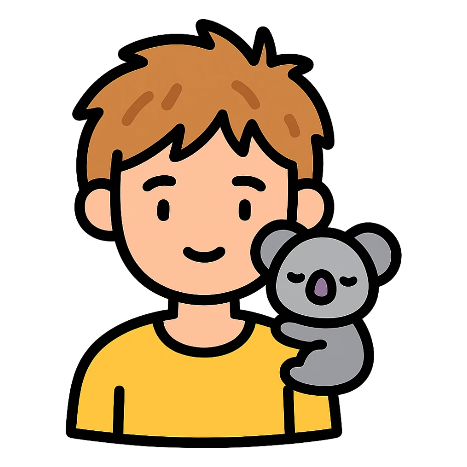 light brown messy haired boy with a very small sleepy koala on his shoulder, color outline icon sticker