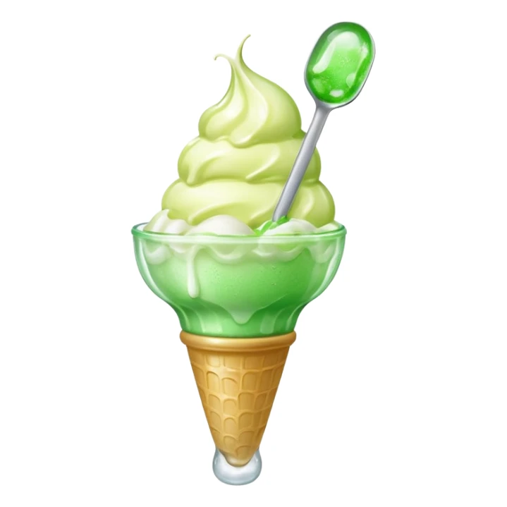 Create an emoji with a clear rounded glass, bright transparent green soda, vanilla ice cream scoop
 sticker