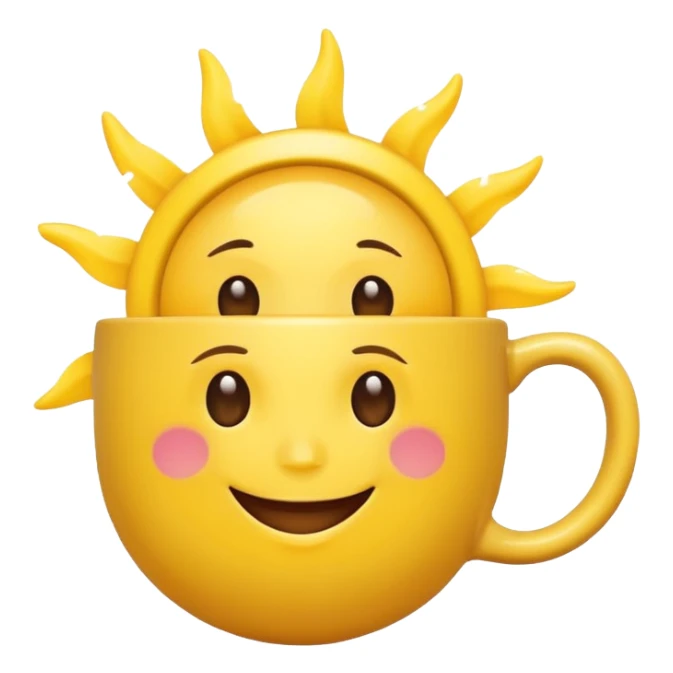 a cute and simple smiling sun holding a coffee mug, emoji style sticker
