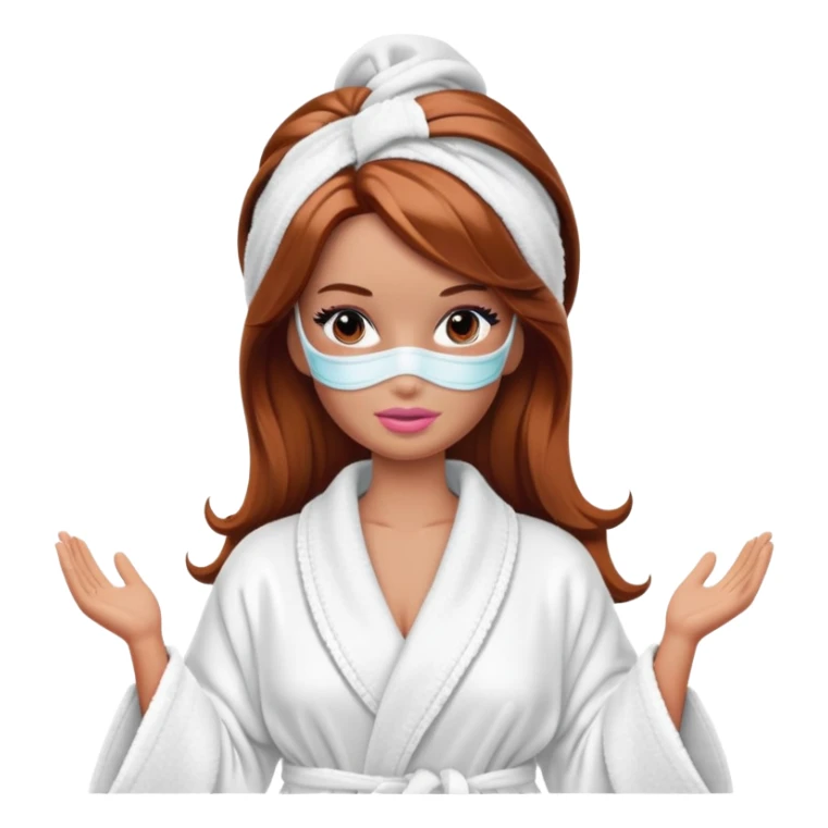 A Barbie face with shoulder-length reddish-brown hair, makeup, a smeared face mask, and a bathrobe. sticker