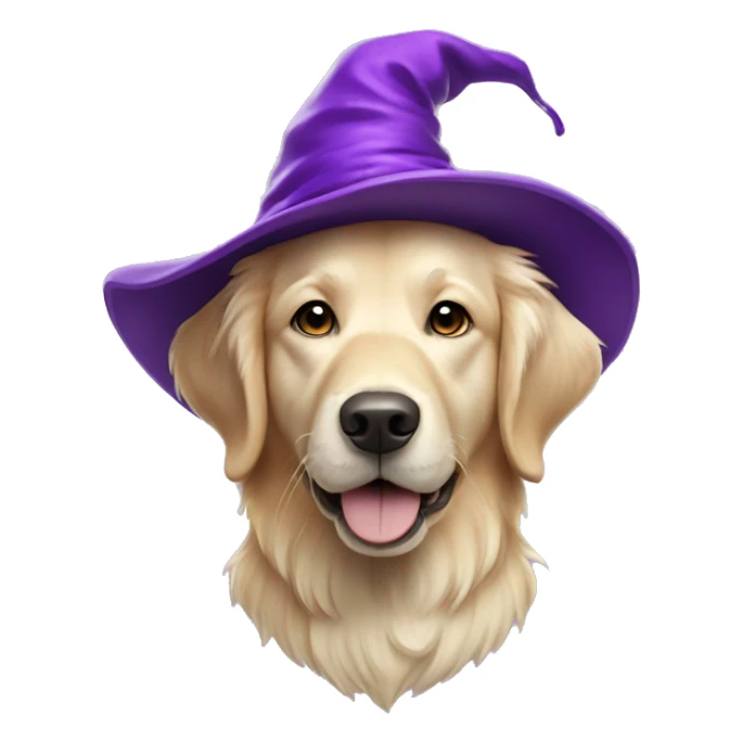 Cream color Golden retriever wearing a purple wizard hat sticker