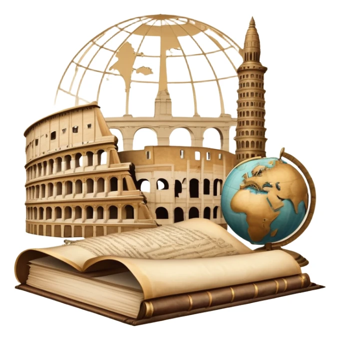 An icon featuring an ancient scroll, a quill pen, and a globe, surrounded by famous historical landmarks and statues of notable figures, like the Colosseum or Napoleon. The design symbolizes the exploration of history through monuments and people. Transparent background highlights the past sticker