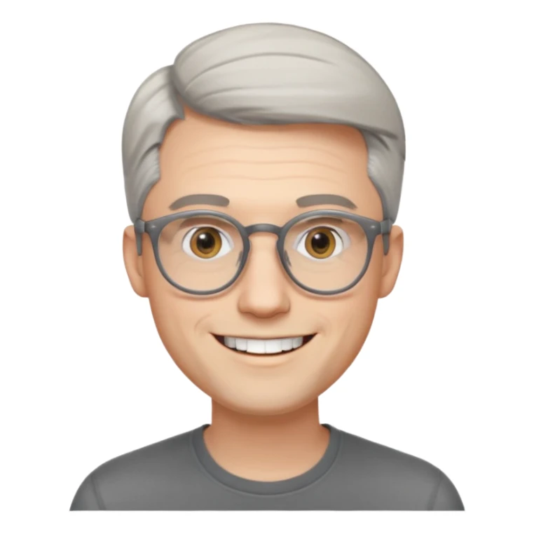 30 yr old pale white man, grey side swept hair, round glasses, big smile, white teeth, handsome, longer hair, thin glasses, no wrinkles sticker