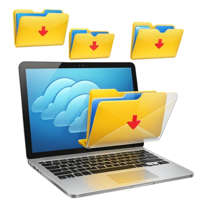 An open laptop with yellow folders containing data flying out. sticker