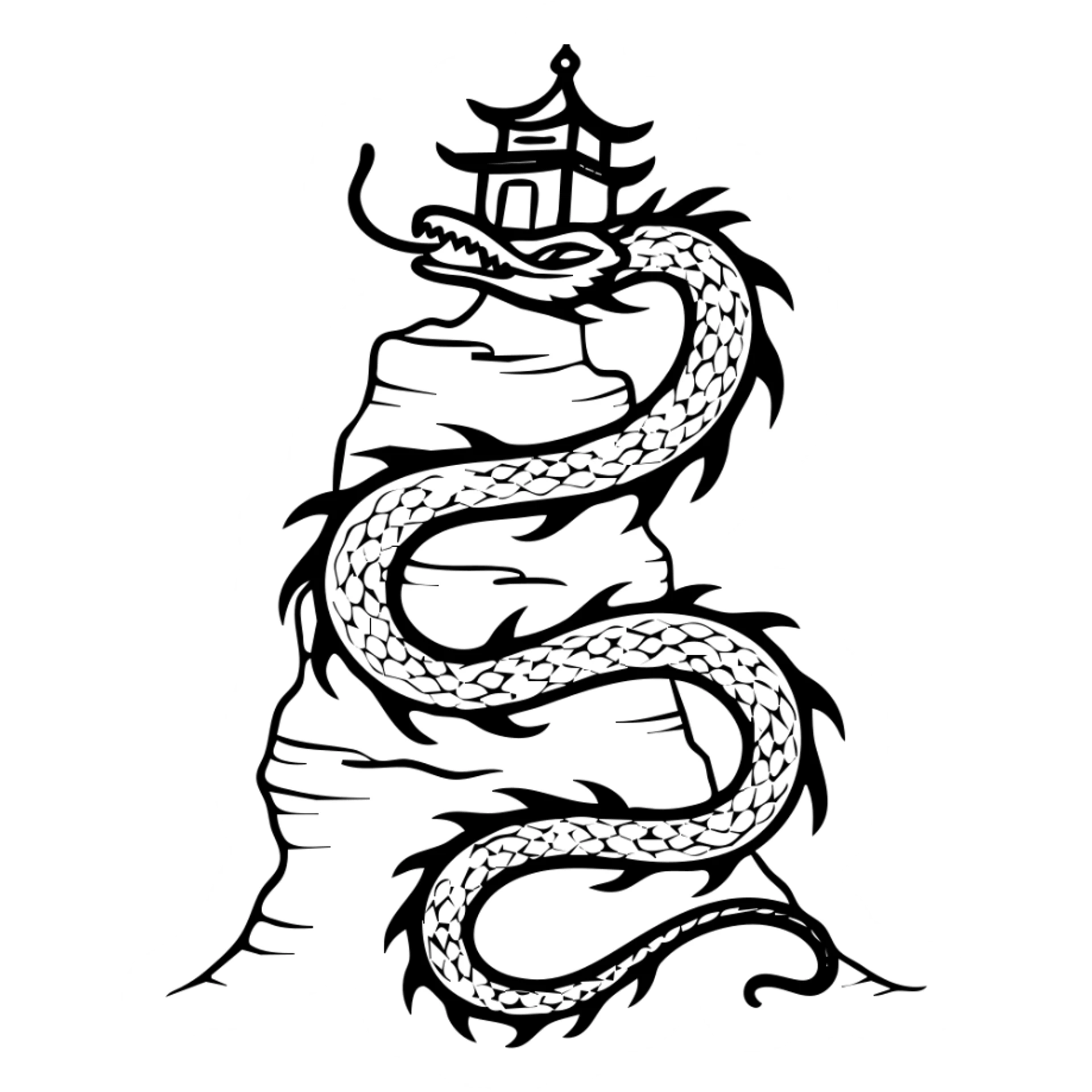 Eastern serpent dragon spiraling around a rocky cliff with a pagoda temple at the summit sticker