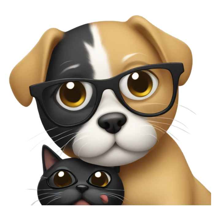 a cat in black glasses hugs a dog in black glasses sticker