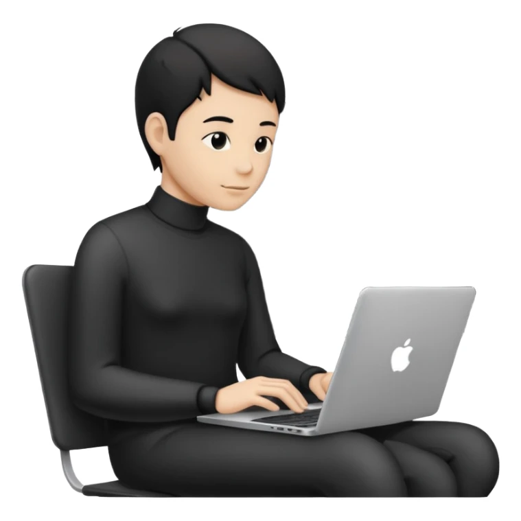 Minimalistic flat vector icon, iOS style, thin black contour on white background. Person silhouette sitting with a laptop, code brackets <> on the screen. Clean, no te sticker