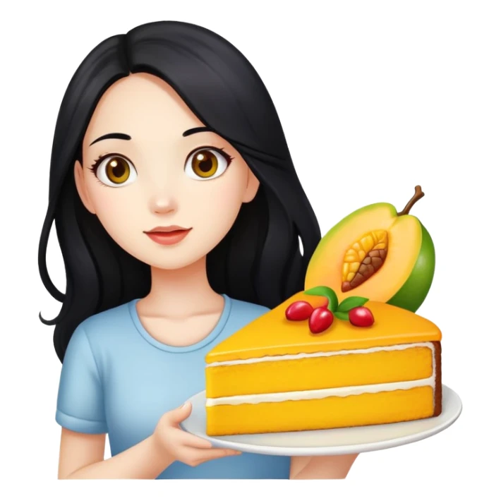 Beautiful girl with long black hair holding mango cake sticker