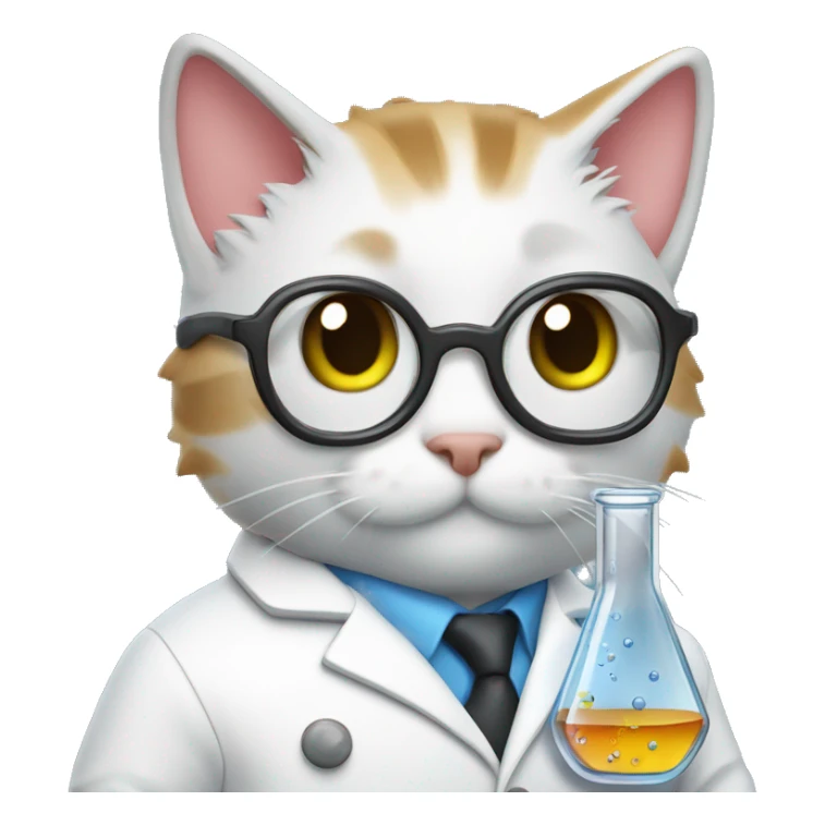 cat wearing chemistry lab coat goggles and has flask with chemicals sticker
