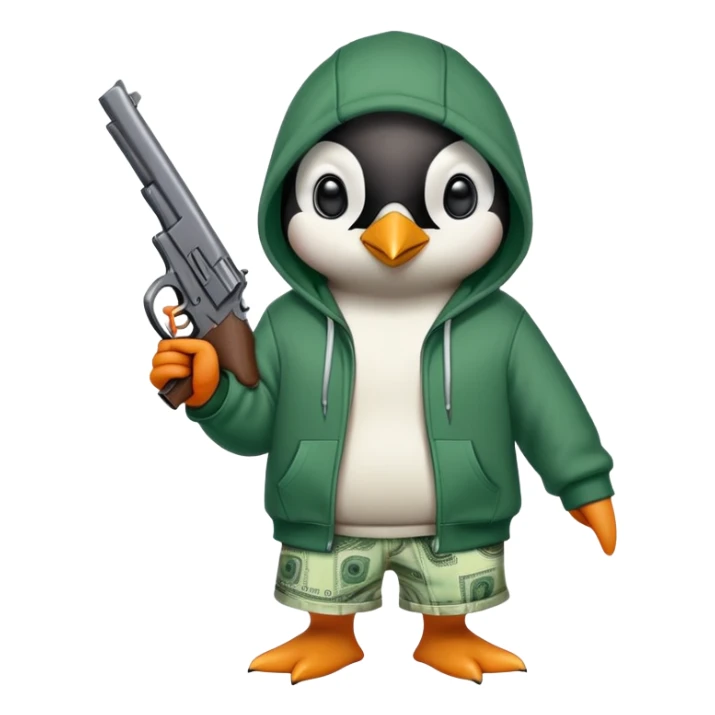 A cute half-dolphin half-penguin thug with a gun, wearing a blood-stained green hoodie and Dollar General shorts sticker