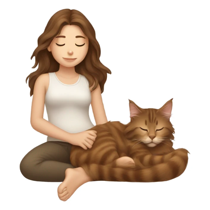 Brown-haired girl sleeping with her brown maine coon cat  sticker