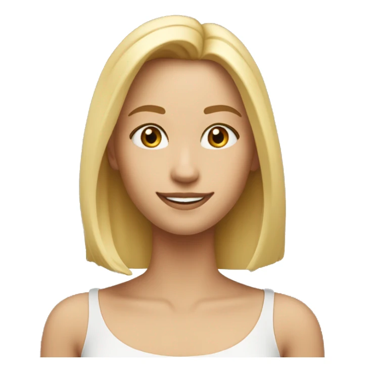 Hair: Blonde, straight, shoulder-length.
Eyes: Warm and expressive.
Expression: Friendly smile.
Face shape: Oval with gentle features.
Skin tone: Light with a healthy glow.
Clothing: Simple blouse in a soft color. sticker