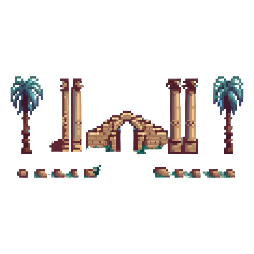 pixel art of the ancient ruins of Carthage with palm trees sticker