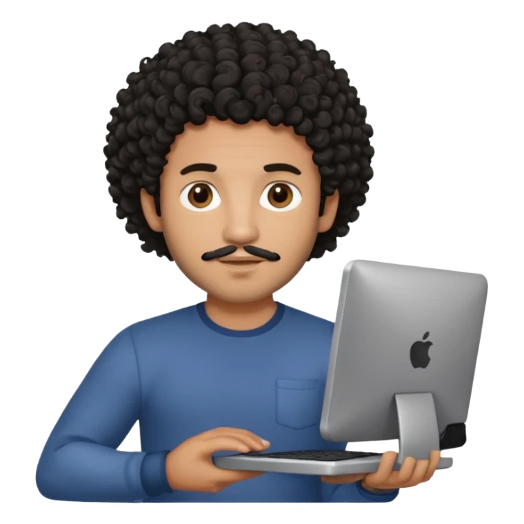 men holding his computer in hands. light brown skin men with curly black hair, dark brown eyes, little grown beard. ust a tiny bit muscular. dressed casual. round face. Dont Apple book  sticker