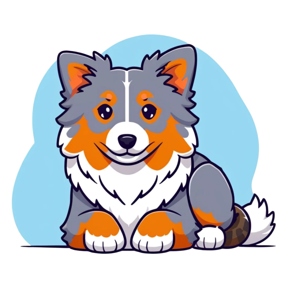 Merle Australian Shepherd dog laying down, spotted blue merle coat, fluffy fur sticker