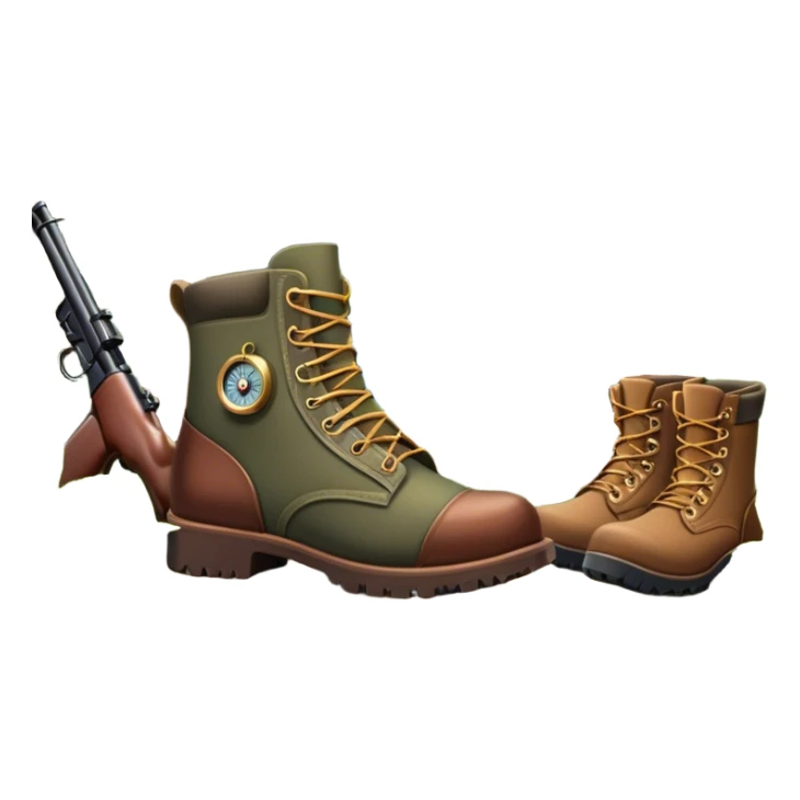 Icon for Hunting Tourism: a rifle, hunting boots, and a compass on a forest background, with a silhouette of wildlife in the distance. The icon should capture the adventure and connection with nature in hunting tourism. Transparent background. sticker