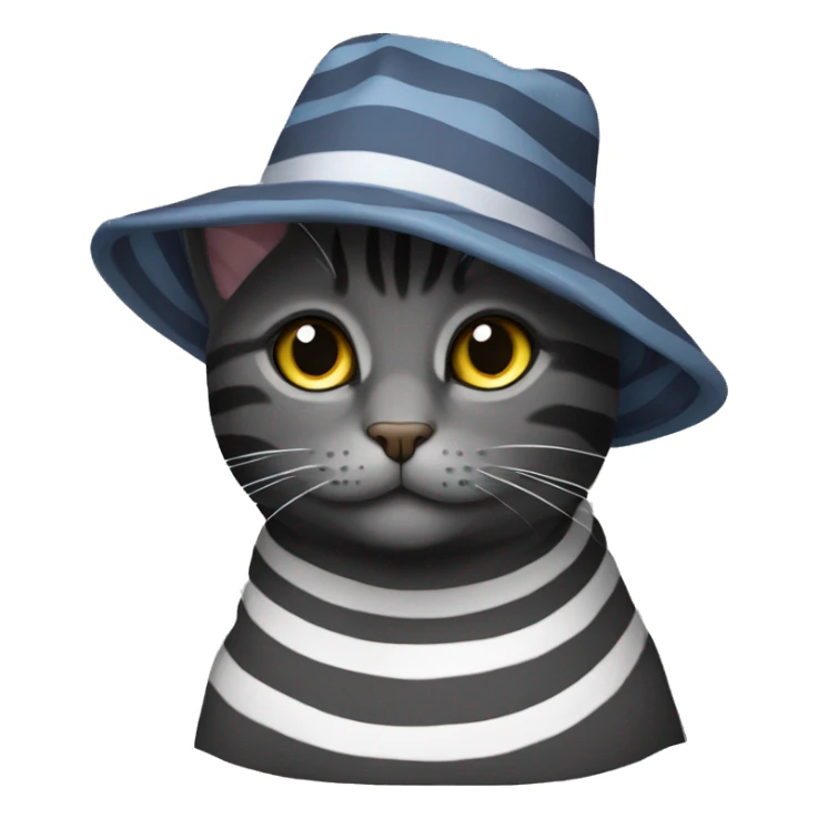 dark grey cat with stripes and a hat that says MIA on the hat sticker