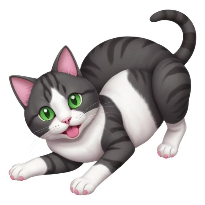 beautiful female solid dark grey cat with green eyes, white toes/paws and white patch on her chest playfully rolling upside down sticker