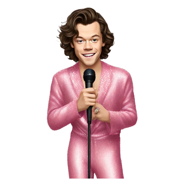 singer Harry Styles in a pink sparkly jumpsuit holding a microphone sticker
