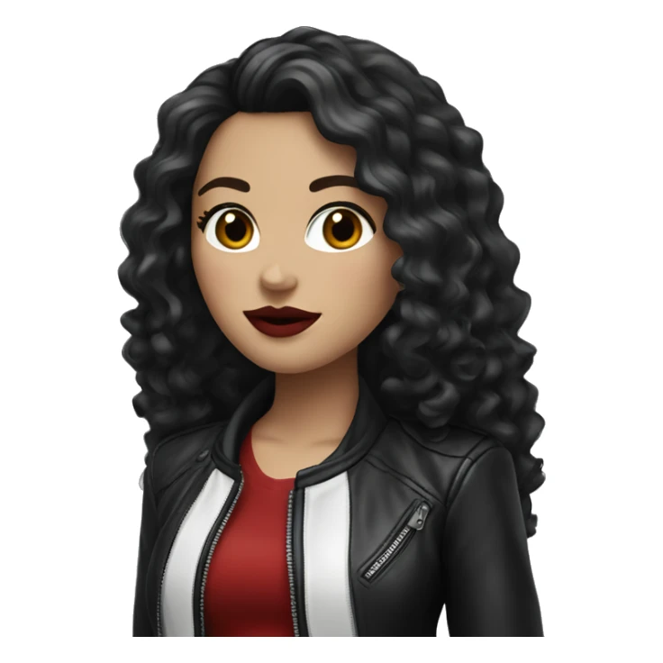 White girl, with long curly black hair, with red lipstick, wearing leather jacket sticker