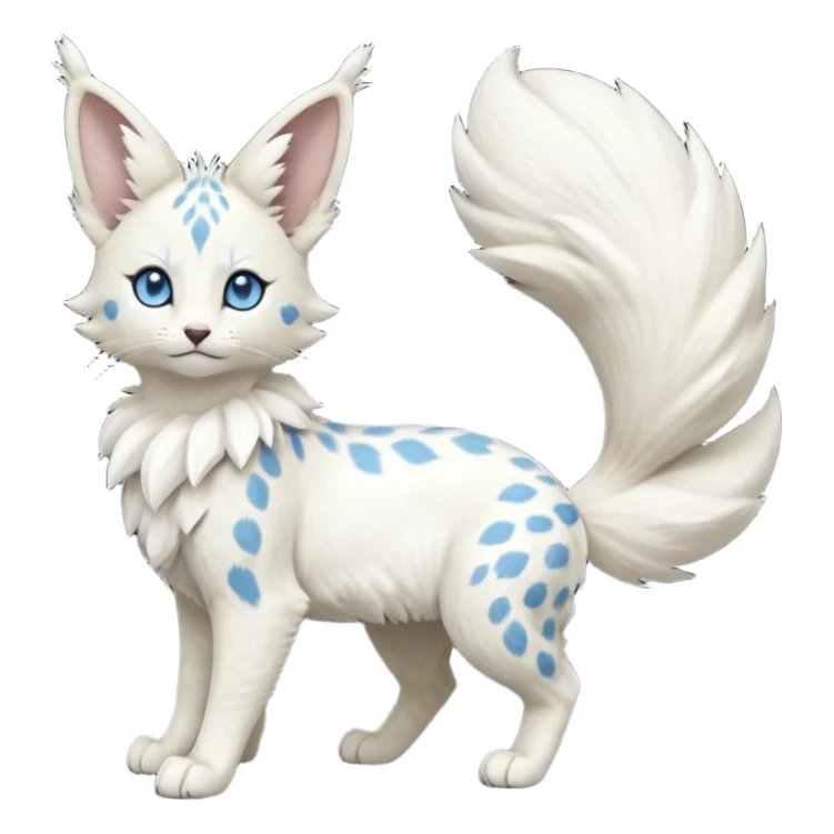 Albino-white, blue-eyed soft natural realistic romantic vintage antique divine beautiful elegant pretty precious cute young youthful  Fakémon-Pokémon-feline-Zeraora-Jolteon-serval-caracal-chinchilla-Minccino-Cinccino-Meowstic-rodent-hybrid-creature with a big fluffy bushy tail (full body) sticker