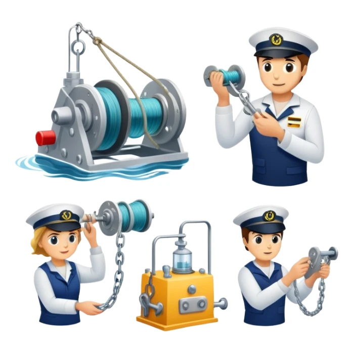 Sequential process of sailor operating winch, retrieving sediment core, and scientists examining ocean floor samples in lab sticker