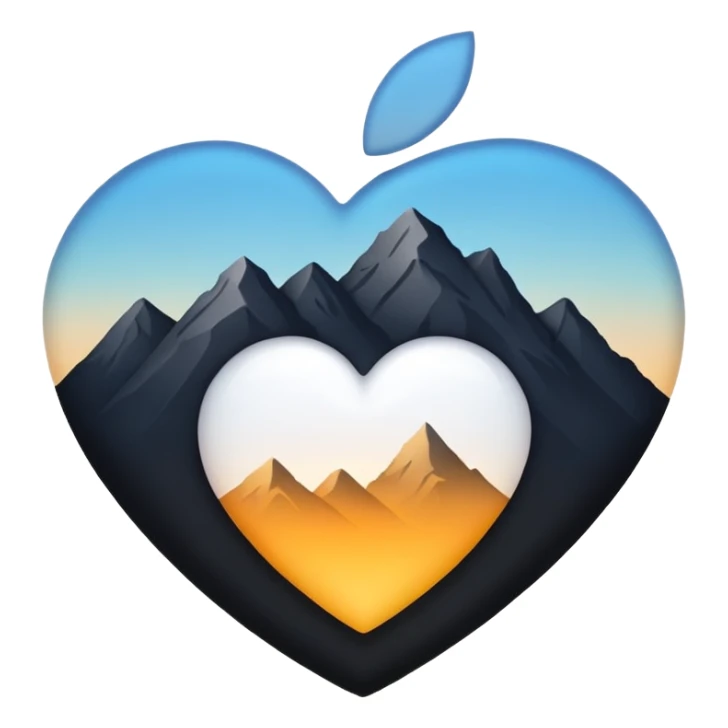 white heart with a mountain silhouette inside, apple emoji style sticker