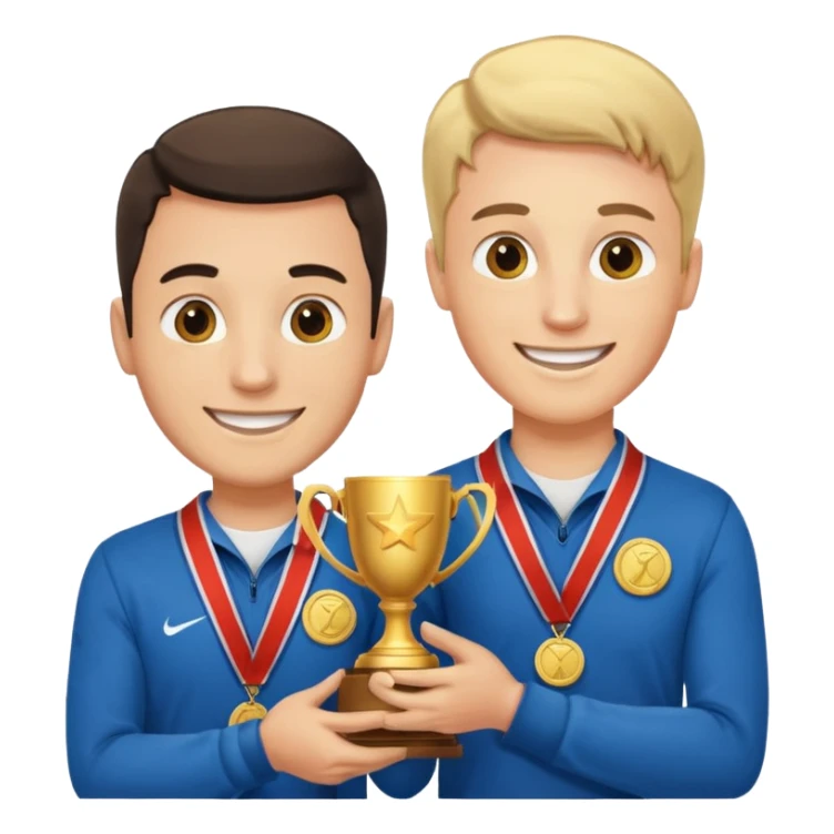 winner ceremony with one guy handing another guy a trophy. One having a medal around his neck sticker