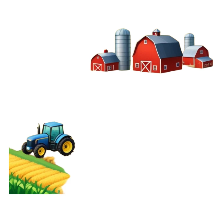 colorful rural landscape, inspired by farming simulators like Farming Simulator 22. The design shows fields, tractors, and barns, with vibrant crops and animals in the background. The peaceful farming scene symbolizes the immersive experience of managing a farm, with a transparent background sticker