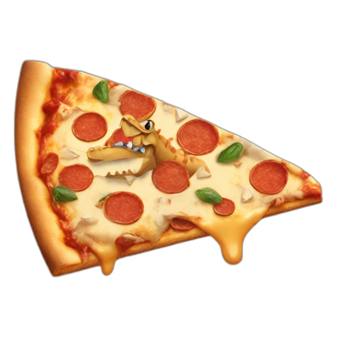 A dinosaur open mouth riding on pizza slice sticker