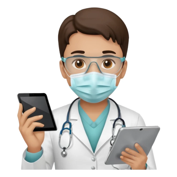 doctor with medical mask and tablet sticker