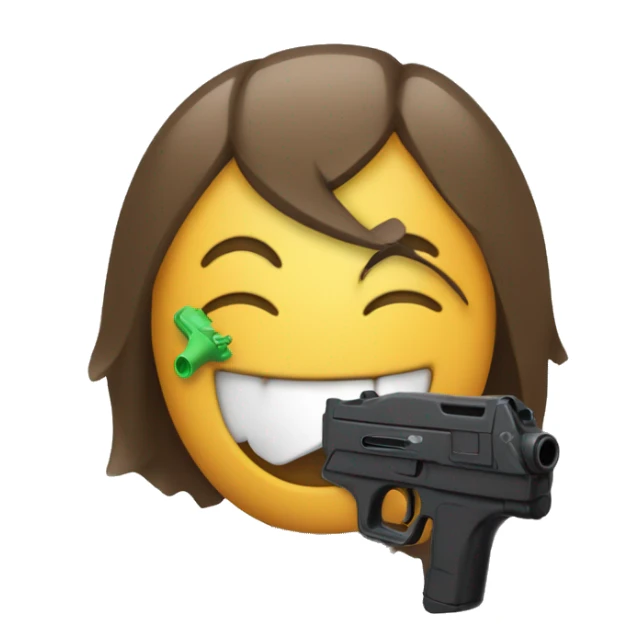 Smiling emoji with a black plastic water pistol pointed into its mouth sticker