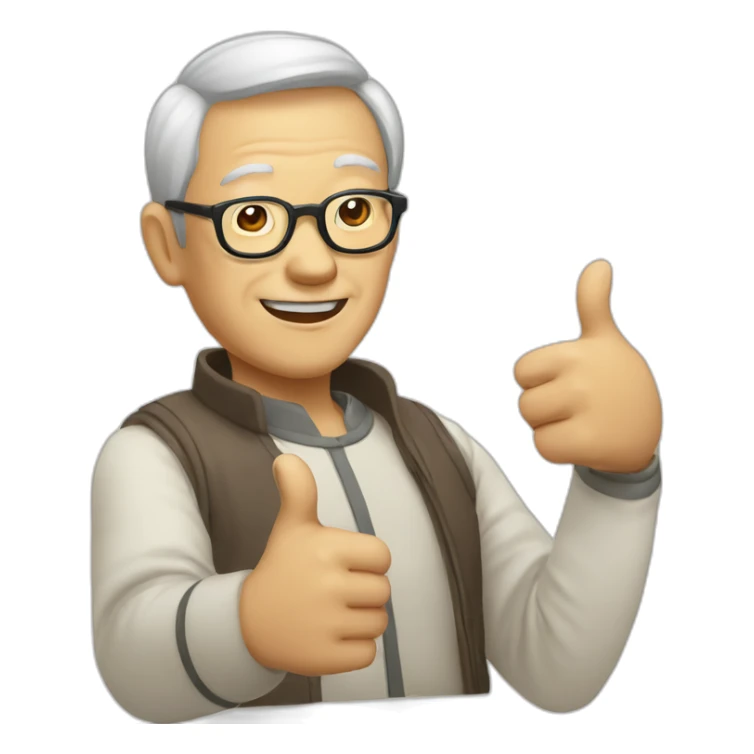 Chinese old guy wear glasses with thumbs up sticker