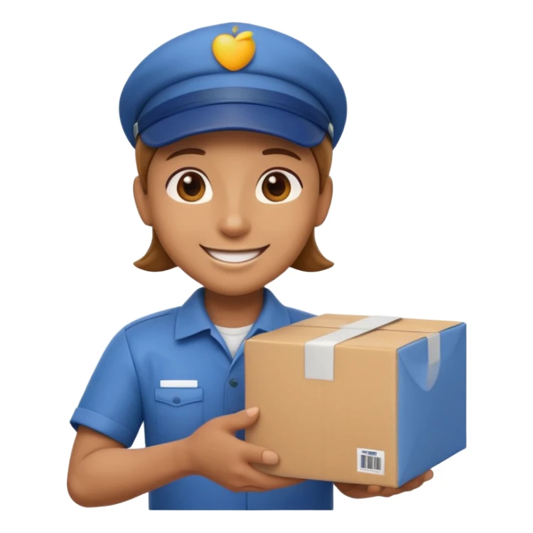 3D Apple-style emoji of a delivery worker holding a cardboard package. Wearing a cap and uniform shirt, smiling expression. Rounded, glossy, smooth, soft shadows, white background.




 sticker