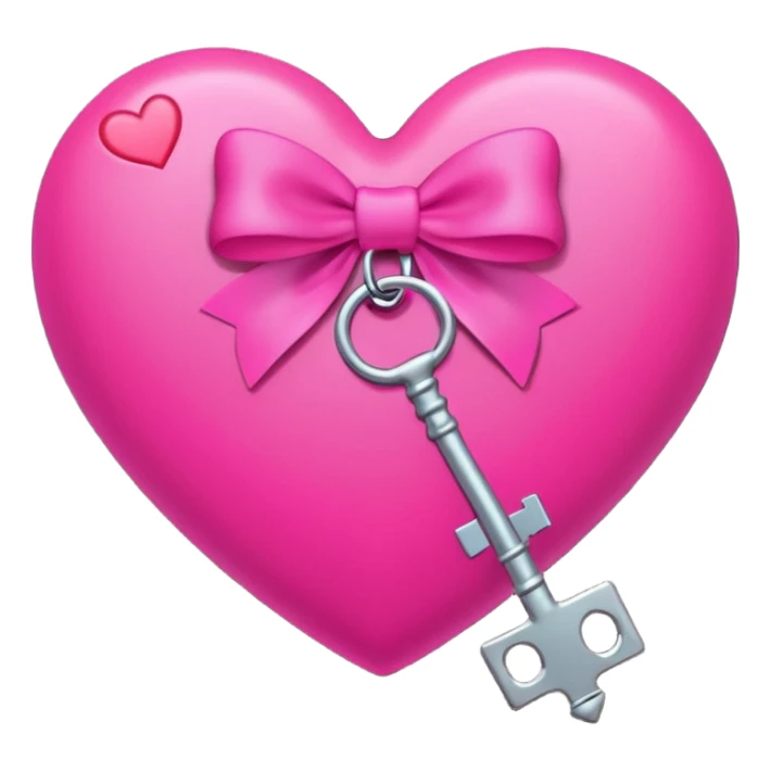 neon heart with a pink bow, heart pattern on the bow, and a silver key, emoji style sticker