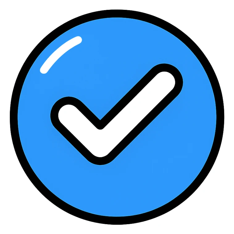 Glossy blue tick inside a circle, Instagram style, digital icon look sticker