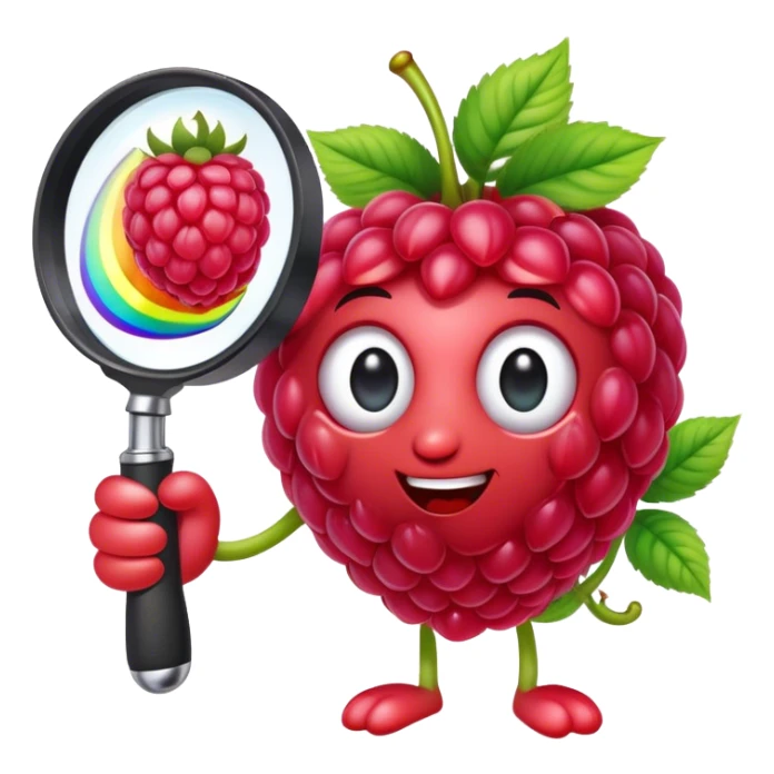 a raspberry holds a rainbow colored magnifier with its budding from handle of magnifier sticker