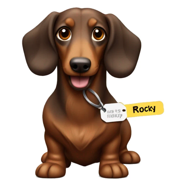 Brown long haired Sausage dog with a tag that says Rocky sticker
