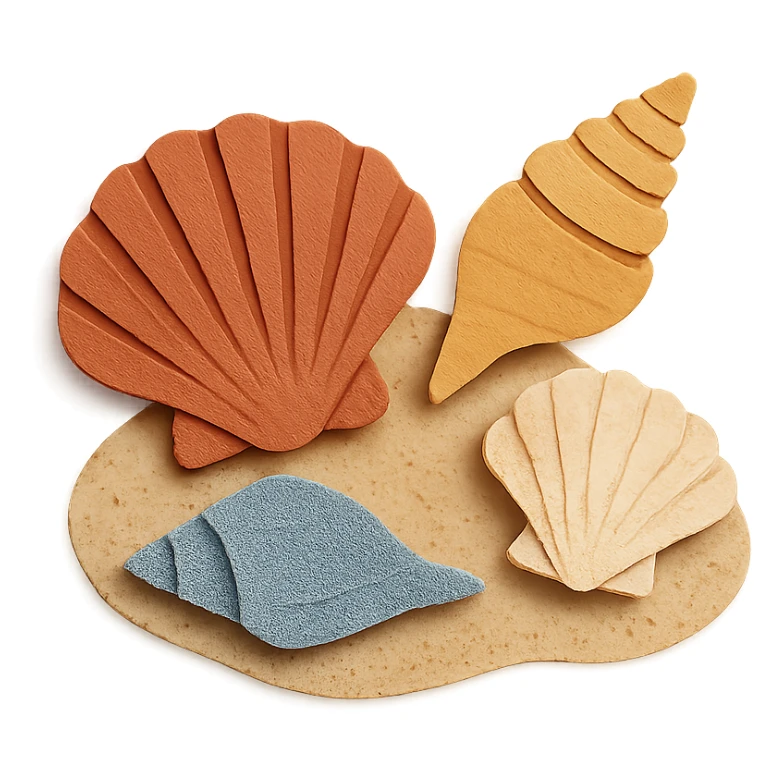 collection of different sea shells, arranged on a sandy background sticker
