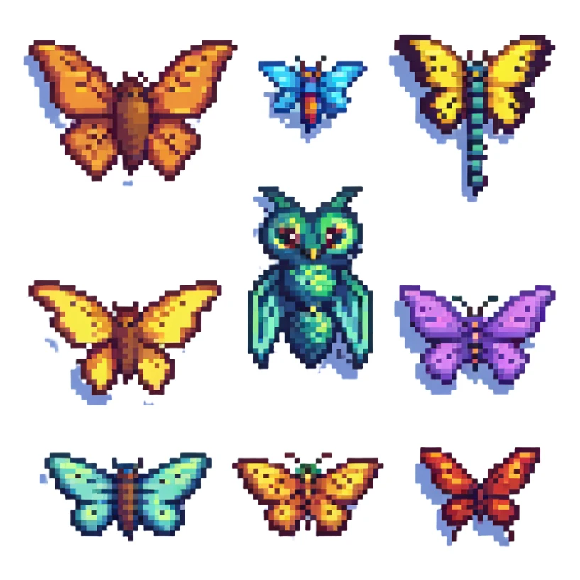 a lineup of winged animals including a bird, bat, butterfly, and dragonfly in pixel art style sticker
