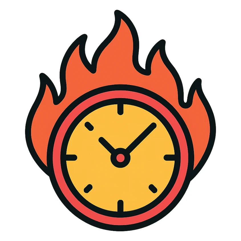 minimal color icon of a round clock with bright vivid flames, clean lines sticker