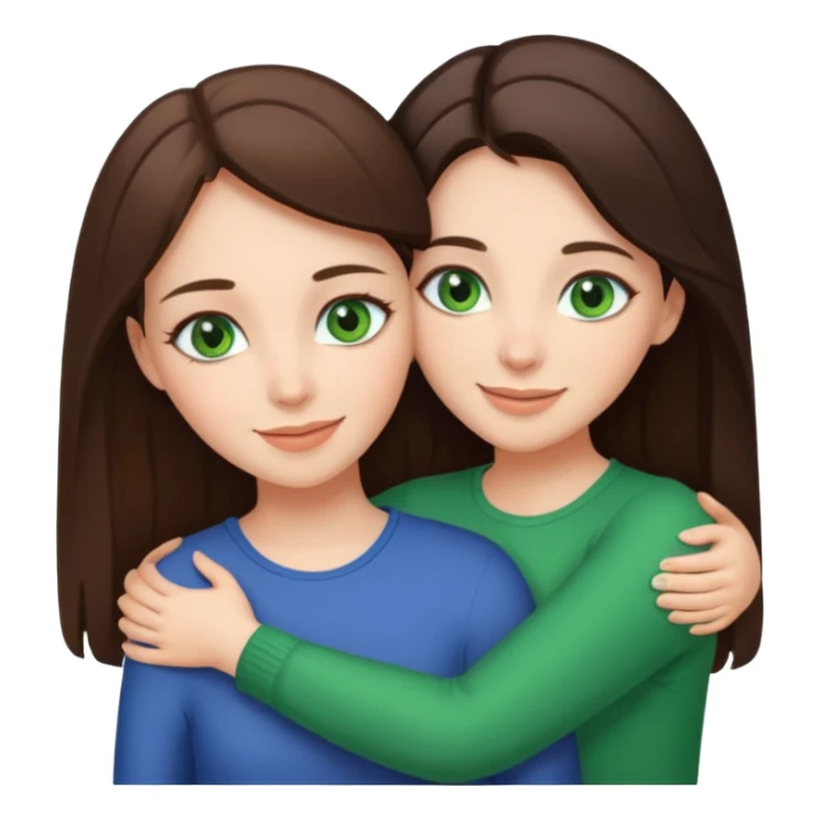 A brunette sister with green eyes and a brunette sister with green eyes in different clothes together hugging sticker