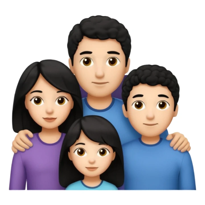 Hispanic family of five all close together: mom with long straight hair, dad with short curly hair, two boys with matching short hair, and a girl with long straight hair sticker