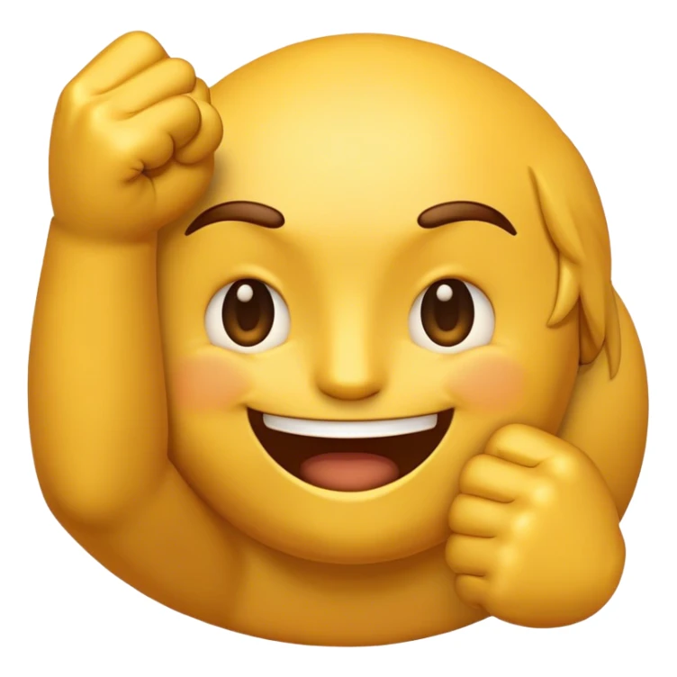 A medium-sized, golden-yellow emoji with a round face. It has a slightly bearded look, one eye winking, and a smiling expression. On both sides, there are fists with index fingers pointing left and right. sticker