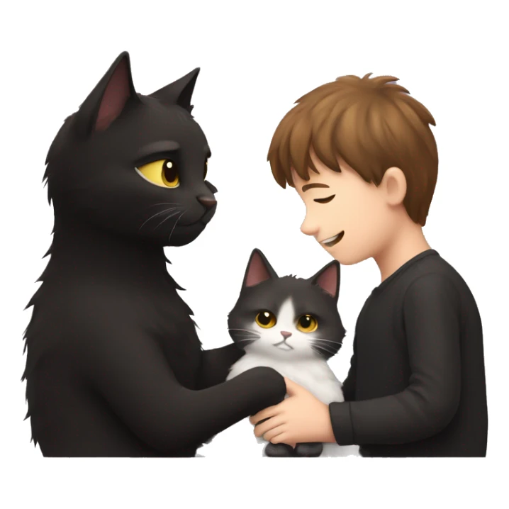 Fluffy Black cat being cuddled by brown haired boy sticker