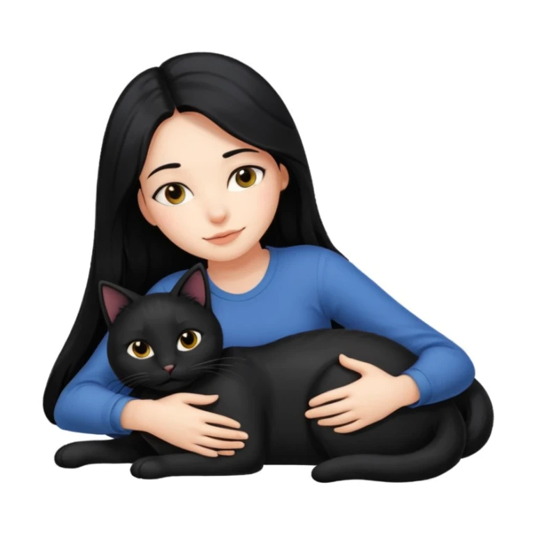 A girl with long black hair, lying down with her black cat while hugging each other. sticker