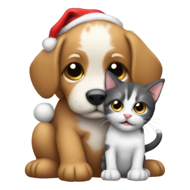 Puppy hugging a kitten wearing santa hats sticker