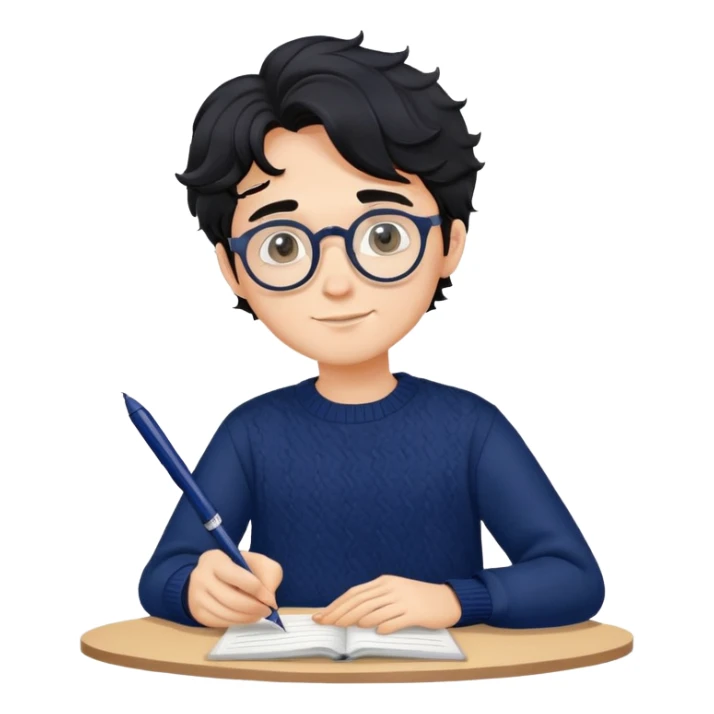 Young creative man with round glasses, wavy black hair, navy blue sweater, with pen in hand sticker