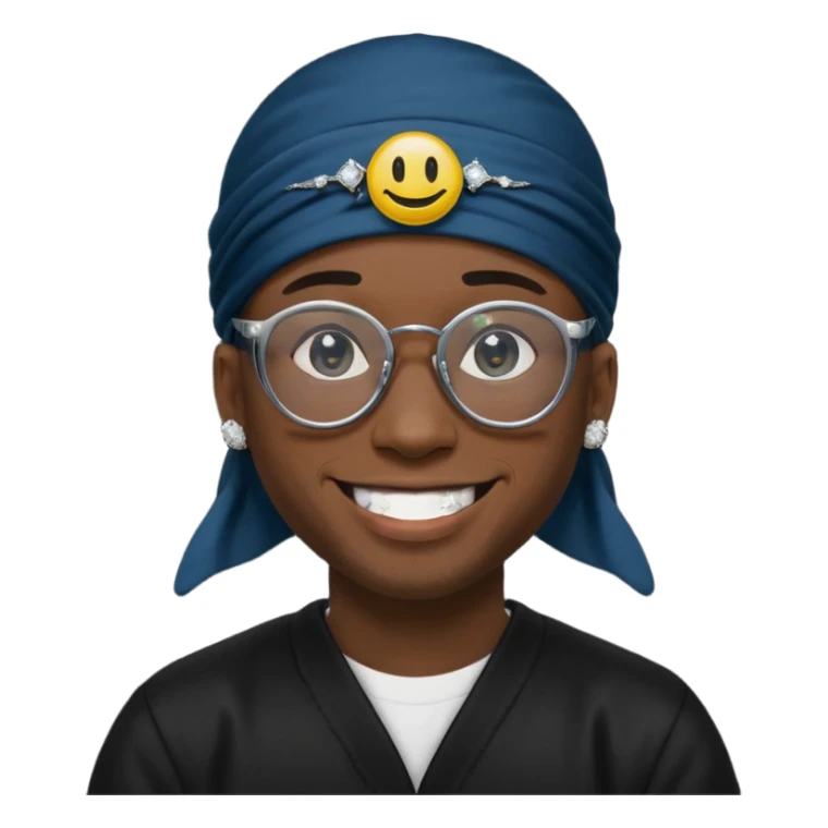 man with black durag,glasses, and smiley with diamond grillz sticker